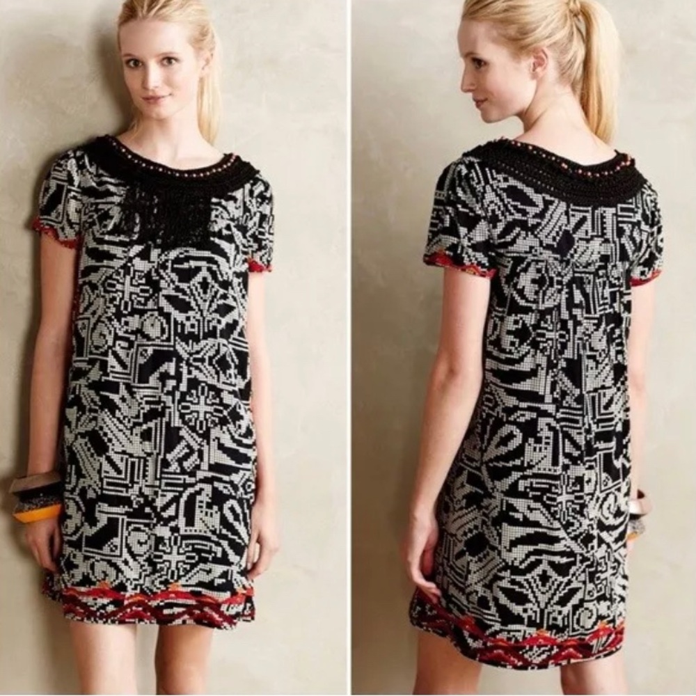 Floreat Anthropologie Abelia Tribal Print Fringe Embroidered Mini Dress Size M-L